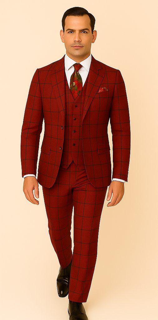 Rossiman Suit â€“ Red Plaid Windowpane Double-Breasted Suit for Men - 34 Short or Extra Small