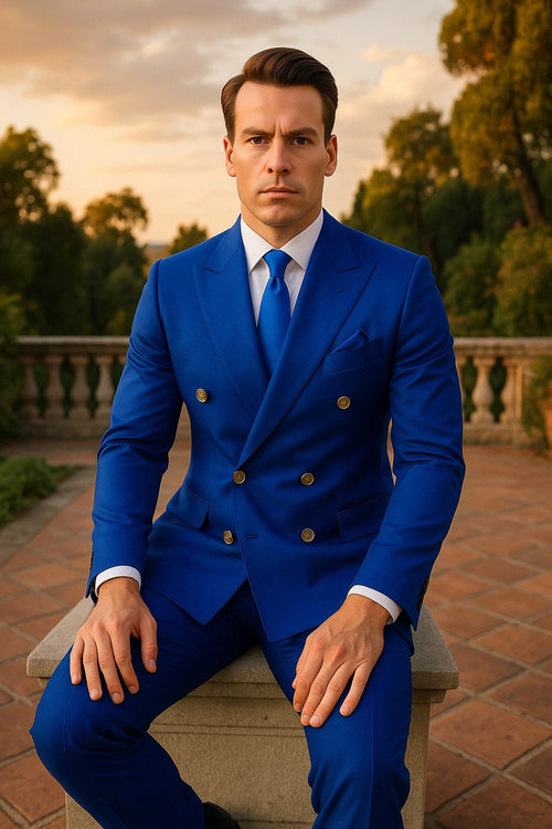Mens Royal Blue Double-Breasted Suit with Gold Buttons â€“ Slim Fit Formal 2-Piece Set