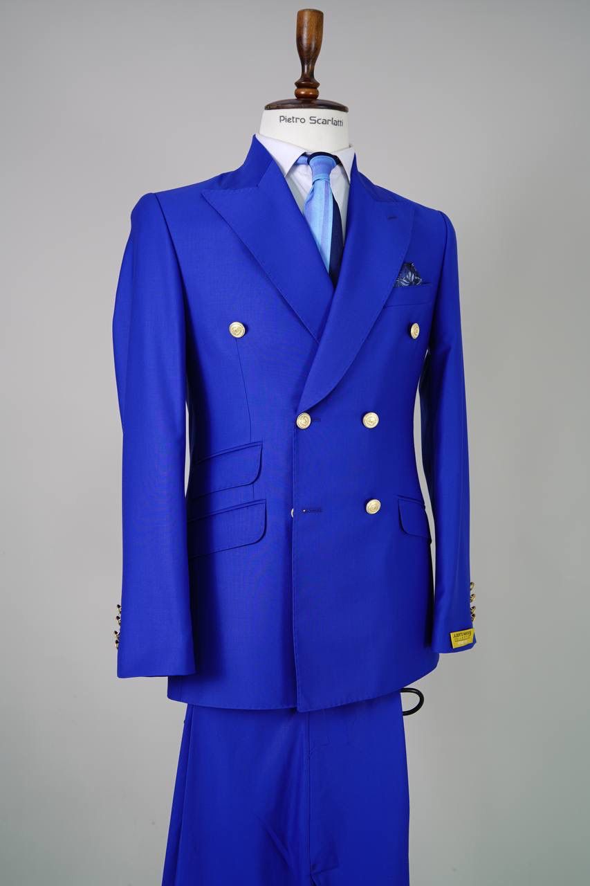 Mens Royal Blue Double-Breasted Suit with Gold Buttons – Slim Fit Formal 2-Piece Set - 34 Short or Extra Small