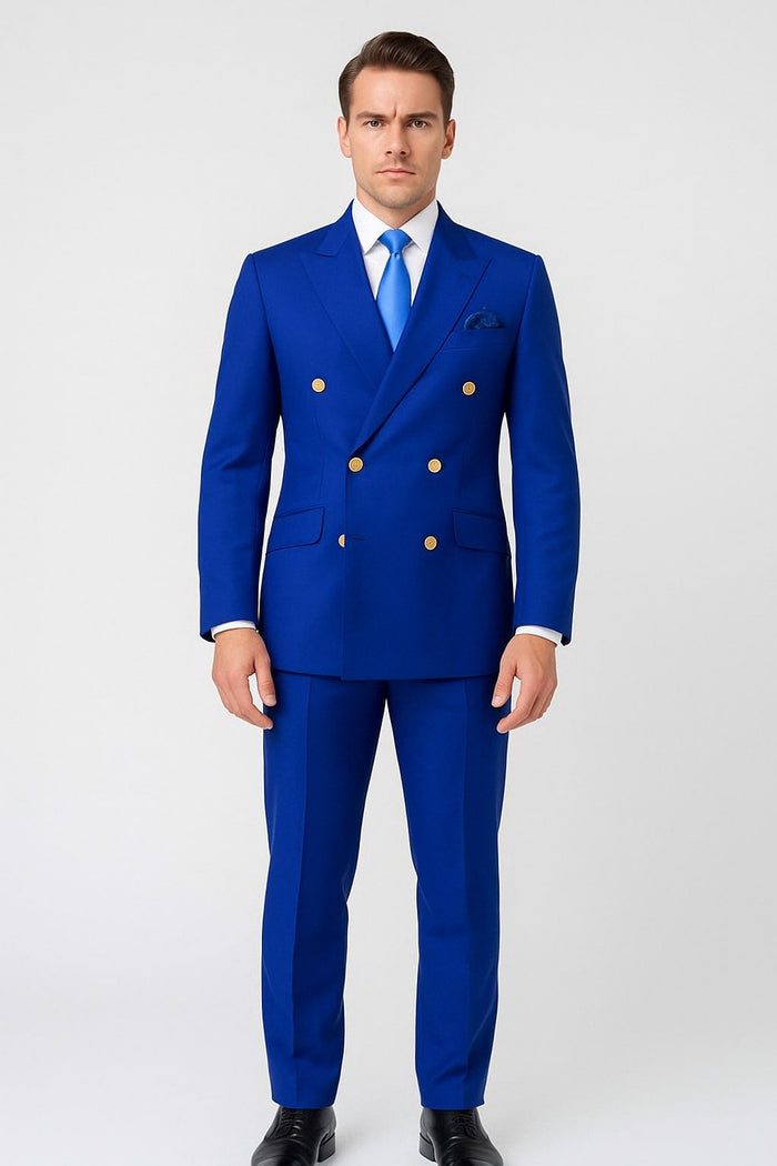Mens Royal Blue Double-Breasted Suit with Gold Buttons â€“ Slim Fit Formal 2-Piece Set