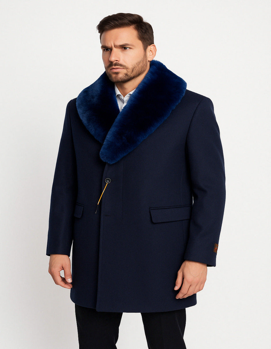 Mens Navy Wool Overcoat with Royal Blue Faux Fur Shawl Collar Cashmere Carcoat - Coat Size 28