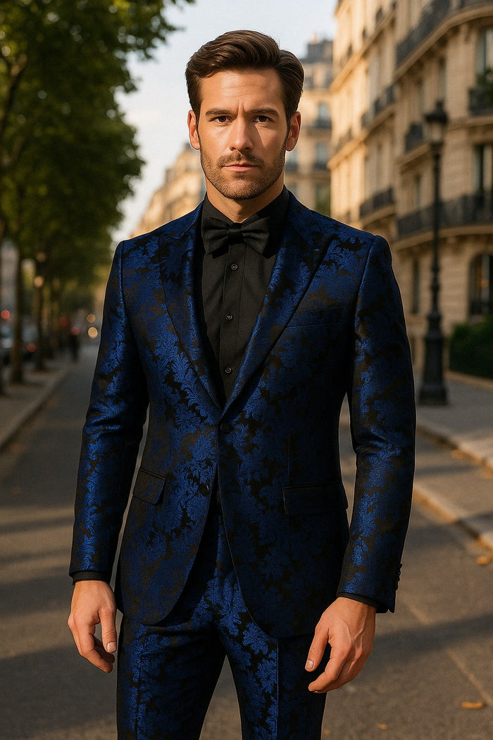 Mens Royal Blue Metallic Floral Suit Black Background Two Piece Tuxedo Set