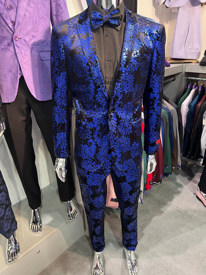 Mens Royal Blue Metallic Floral Suit Black Background Two Piece Tuxedo Set