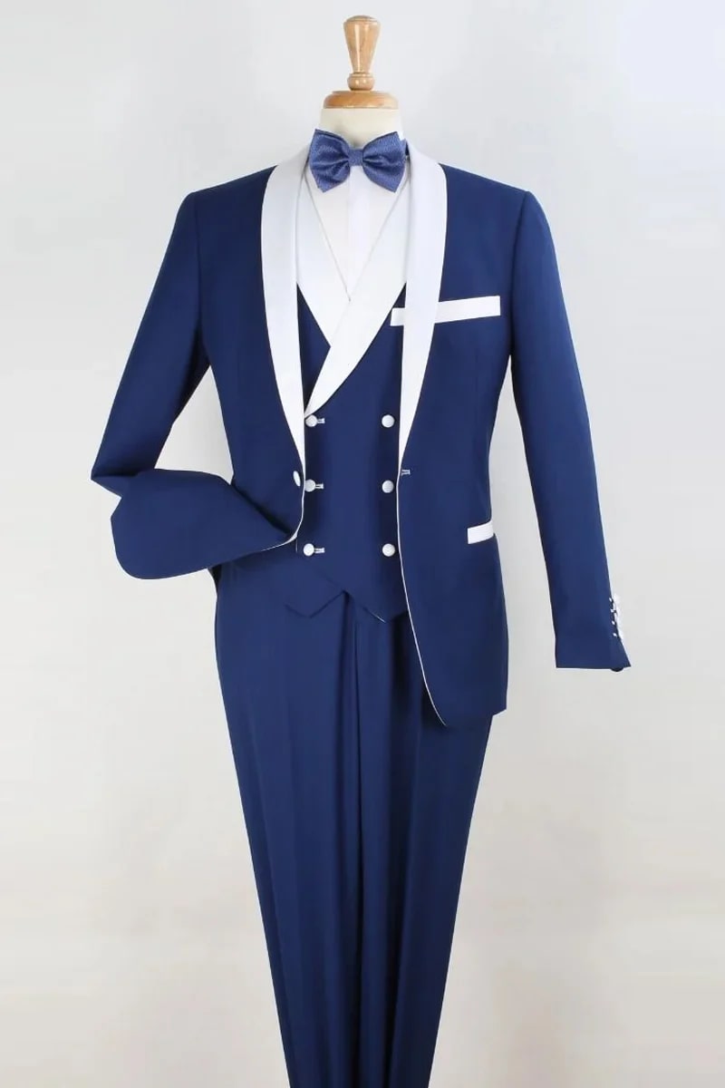 Royal Blue and White Lapel Tuxedo Vested Suit - Shawl Collar Double Breasted Vest - 34 Short or Extra Small