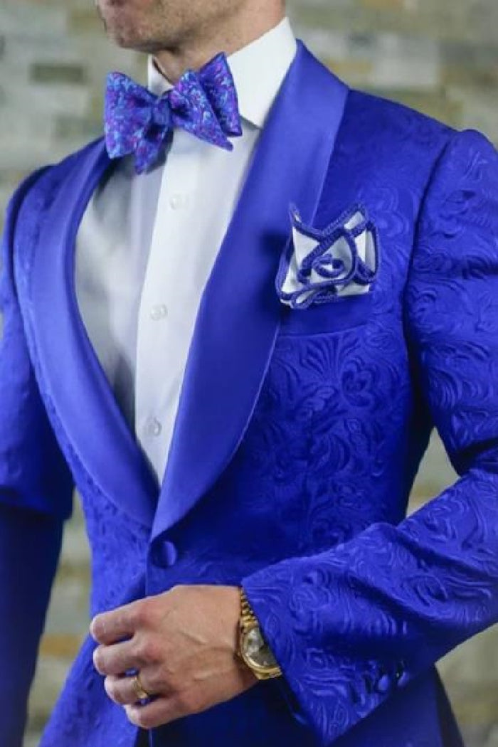 Men’s Royal Blue Prom Tuxedo Jacket, Textured Shawl Lapel Homecoming and Wedding Formal Blazer