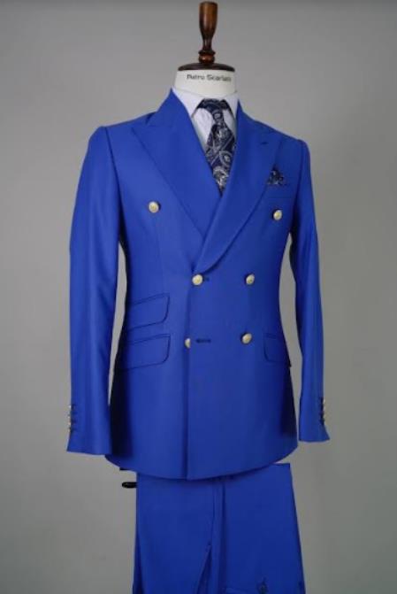 Mens Royal Blue Double Breasted Suit - 100% Suit