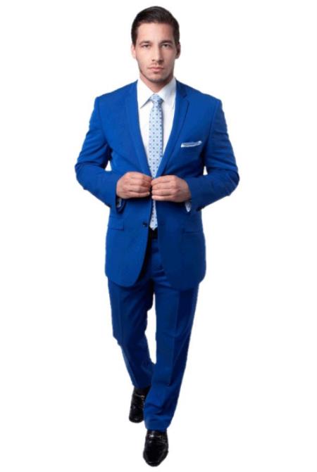 Mens Royal Blue Slim Fit Suit - 38 Short Jacket+32 Waist Adjustable 28to34)(Height: 5 4 to5 7 )(Neck  15-16.5)S-M)