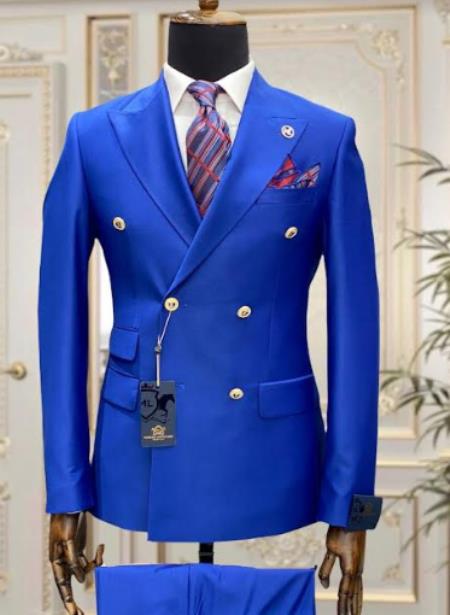 Mens Royal Blue Peak Lapel Double Breasted Suit - 100% Suit