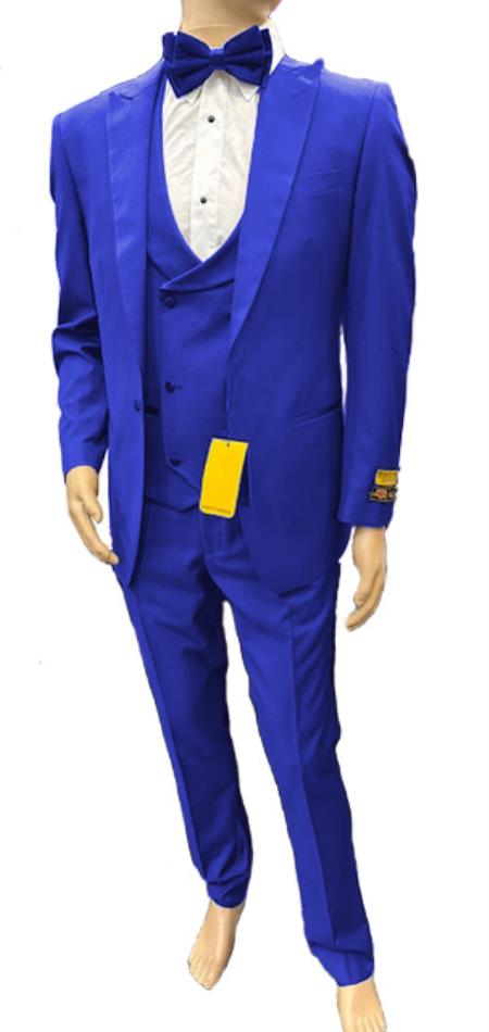 Mens One Button Peak Label Suit Royal Blue