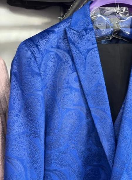 Mens Prom Tuxedo Paisley Suit - Wedding Floral Suit- Royal Blue - Indigo Wedding Jacket + Vest + Pants - 38 Short Jacket+32 Waist Adjustable 28to34)(Height: 5 4 to5 7 )(Neck  15-16.5)S-M)