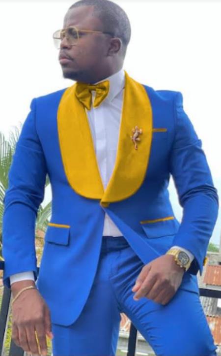 Royal Blue Tuxedo With Gold Lapel Jacket + Pants + Vest - Royal Suit - 38 Short Jacket+32 Waist Adjustable 28to34)(Height: 5 4 to5 7 )(Neck  15-16.5)S-M)