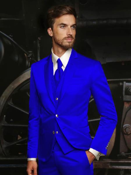 Mens Shiny Blazer - Royal Blue Sateen Vested Suit - 38 Short Jacket+32 Waist Adjustable 28to34)(Height: 5 4 to5 7 )(Neck  15-16.5)S-M)