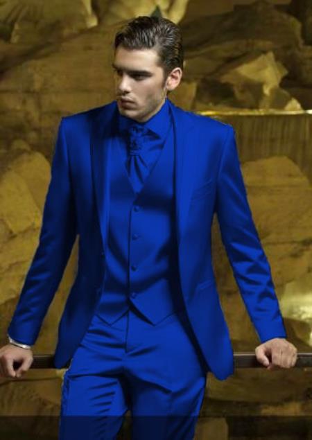 Mens 2 Button Shiny Blazer - Royal Blue Sateen Vested Suit