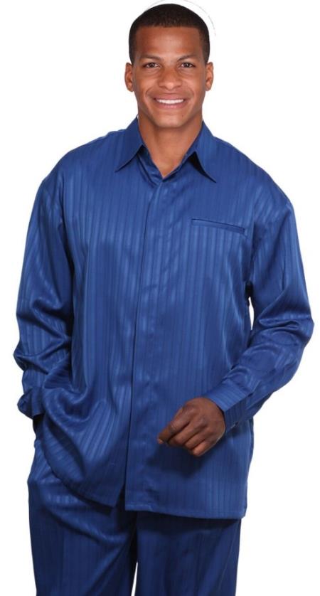 Mens Two Piece Set Long Sleeve Casual Tone On Tone Stripe Royal - 38 Short Jacket+32 Waist Adjustable 28to34)(Height: 5 4 to5 7 )(Neck  15-16.5)S-M)