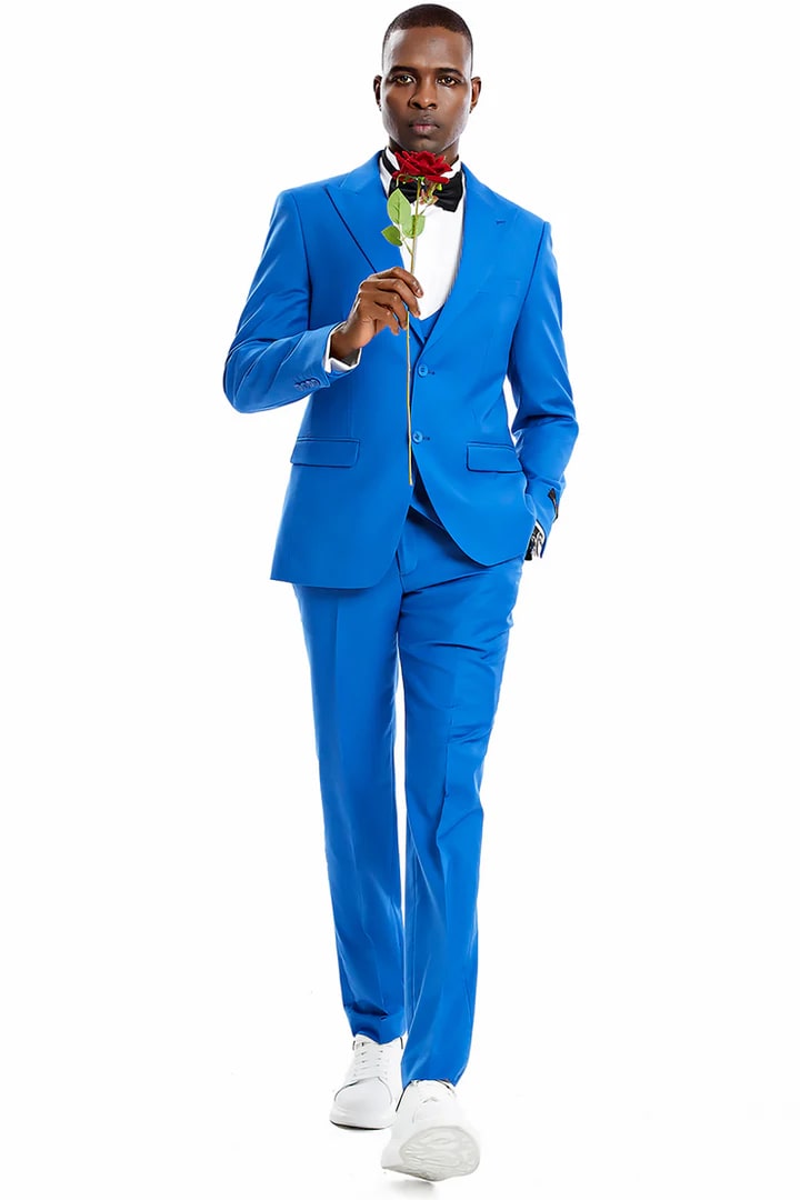 Cheap Suit - Men's Two Button Vested Peak Lapel Pastel Wedding & Prom Royal Blue Suit