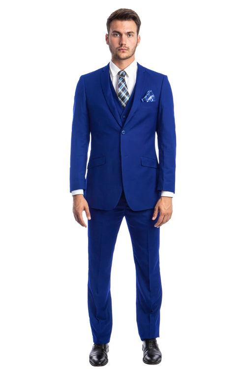 Cheap Priced Suit- Men's Two Button Slim Fit Basic Vested Wedding Royal Blue Suit
