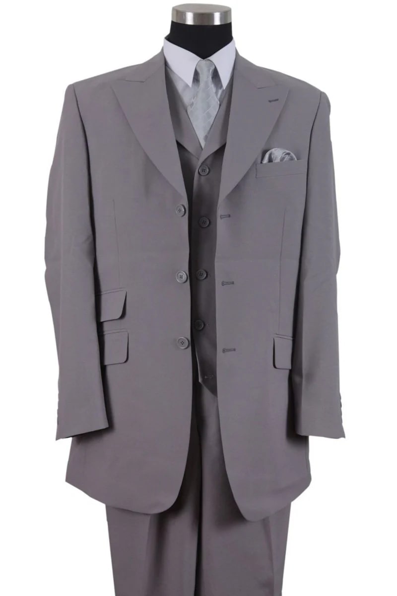 Mens 3 Button Vested Wide Peak Lapel Suit with Semi-Wide Pants in Grey - 38 Short Jacket+32 Waist Adjustable 28to34)(Height: 5 4 to5 7 )(Neck  15-16.5)S-M)