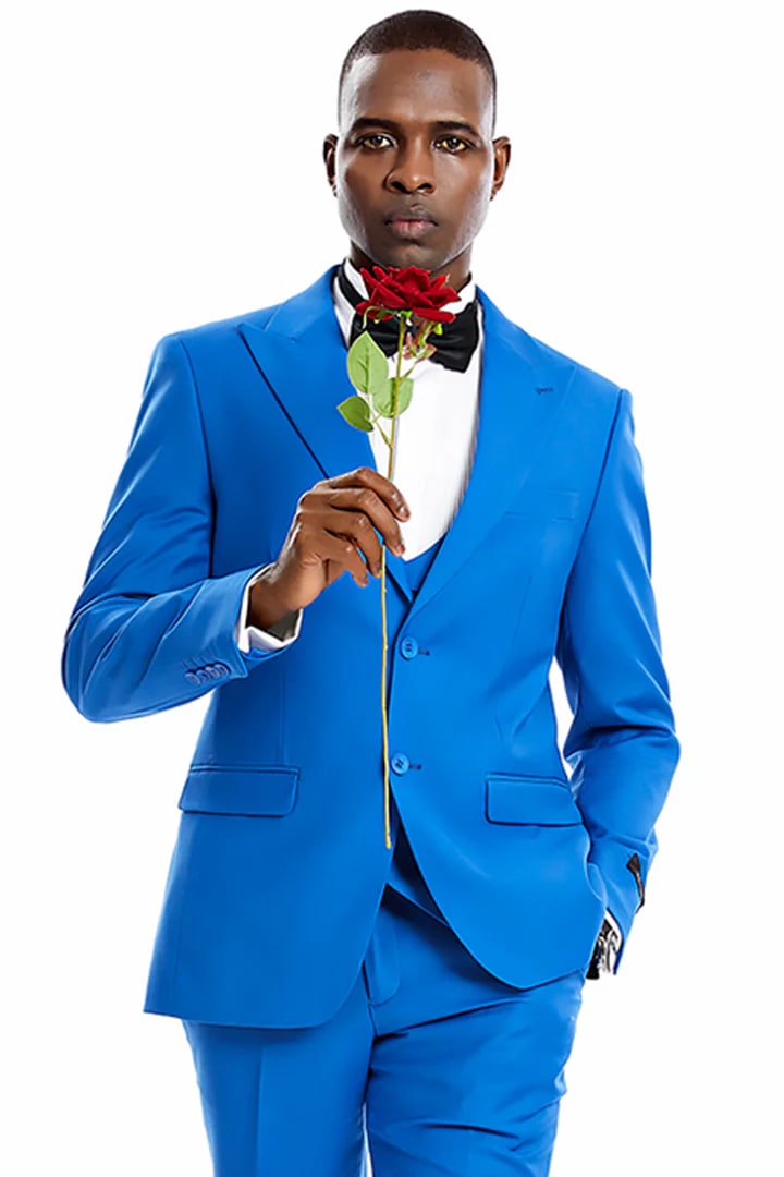 Cheap Suit - Men's Two Button Vested Peak Lapel Pastel Wedding & Prom Royal Blue Suit