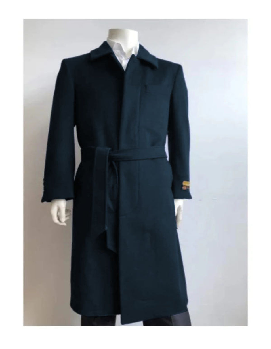 Mens Solid Navy 100% Wool Gabardine Belted Duster Overcoat - Coat Size 38