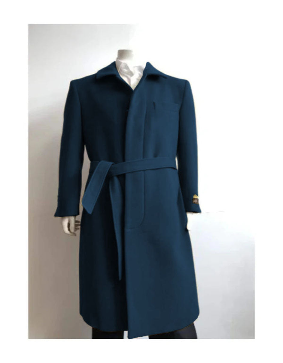 Mens Solid Navy 100% Wool Gabardine Belted Duster Overcoat - Coat Size 38