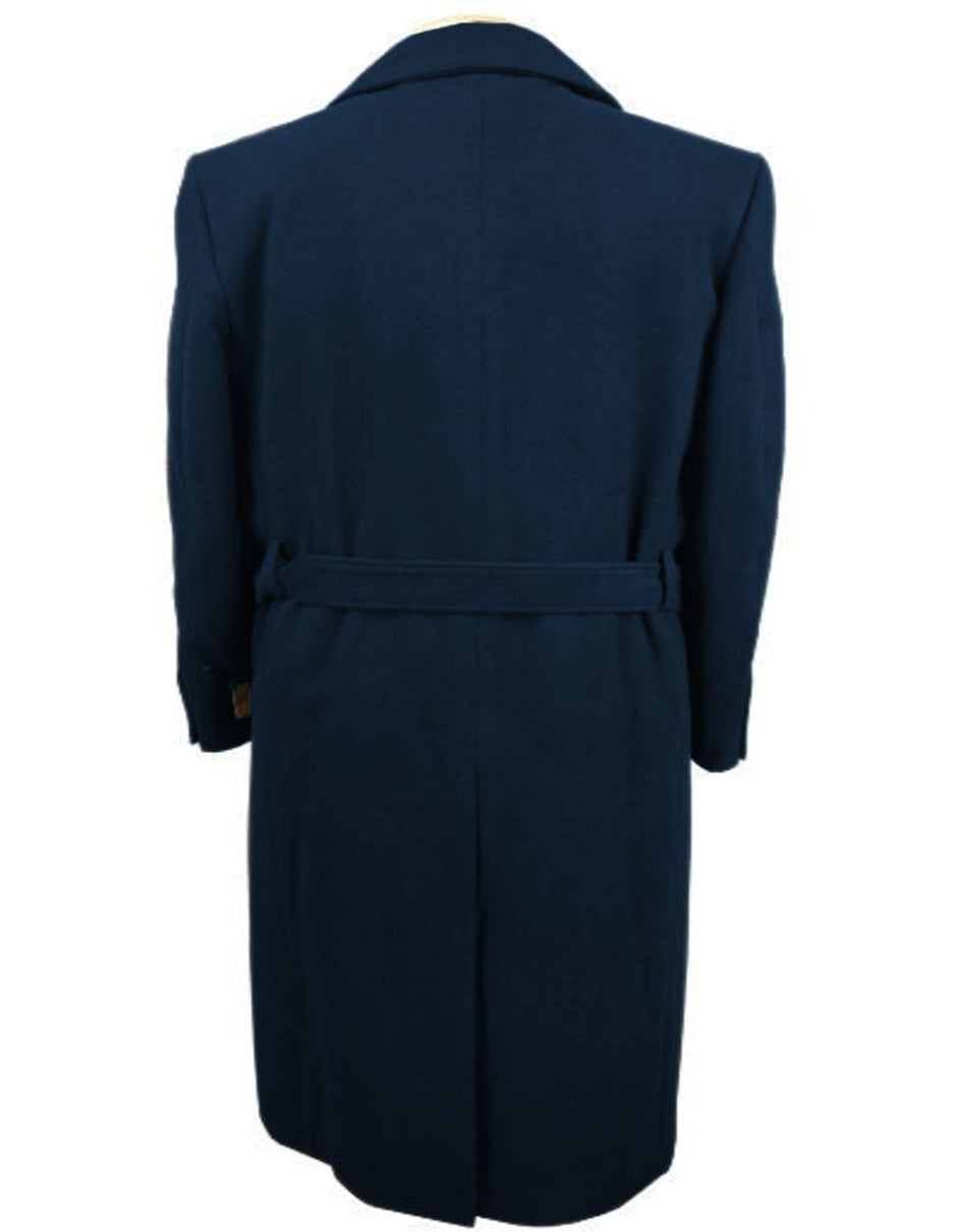 Mens Solid Navy 100% Wool Gabardine Belted Duster Overcoat - Coat Size 38