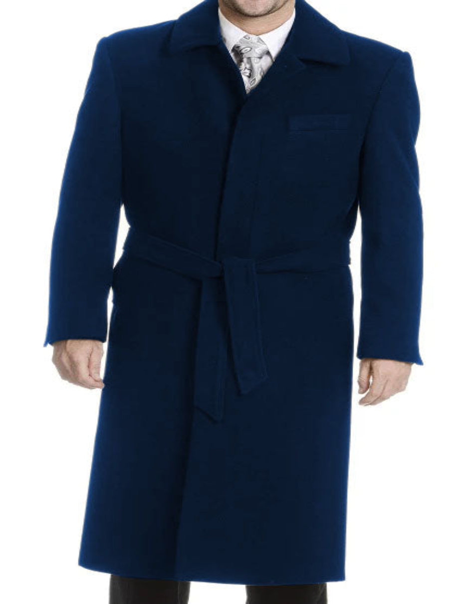 Mens Solid Navy 100% Wool Gabardine Belted Duster Overcoat - Coat Size 38