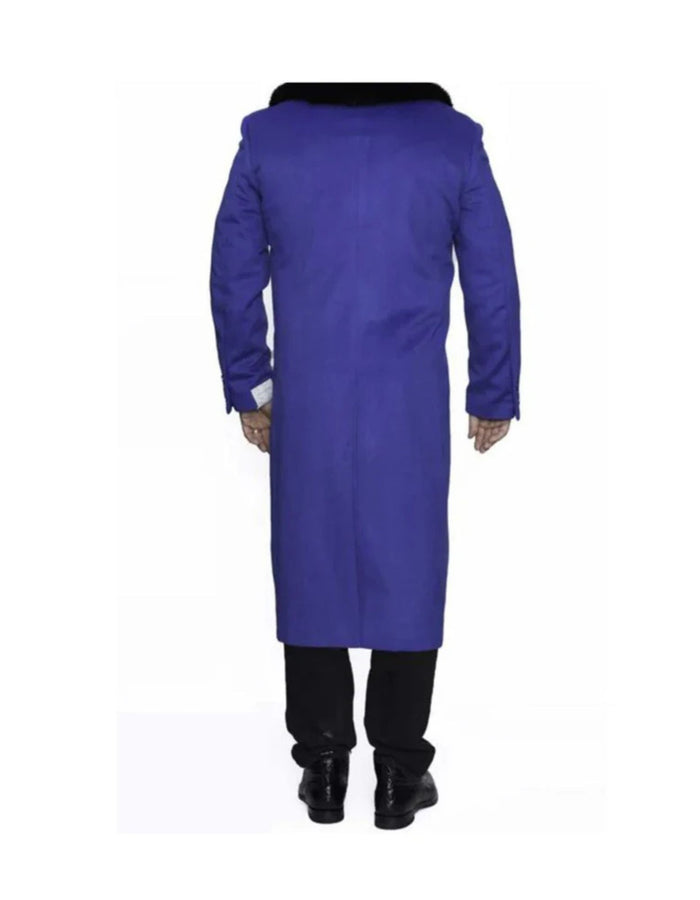 Removable Fur Collar Full Length Ankle length Wool Dress Top Coat / Overcoat In Royal Blue - Mens Overcoat