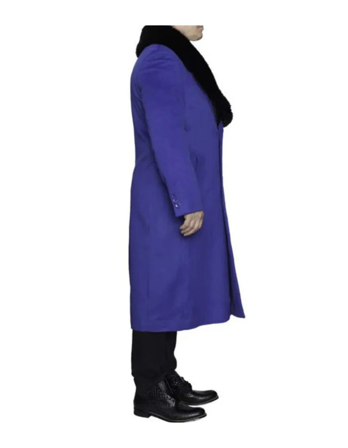 Removable Fur Collar Full Length Ankle length Wool Dress Top Coat / Overcoat In Royal Blue - Mens Overcoat