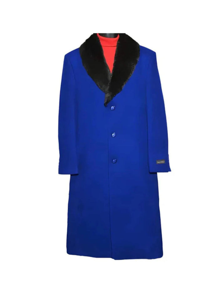 Men's Dress Coat (Removable ) Fur Collar 3 Button Wool Full Length Overcoat ~ Long men's Dress Topcoat - Winter coat 65% Wool Full Length Fabric Also Navy Blue