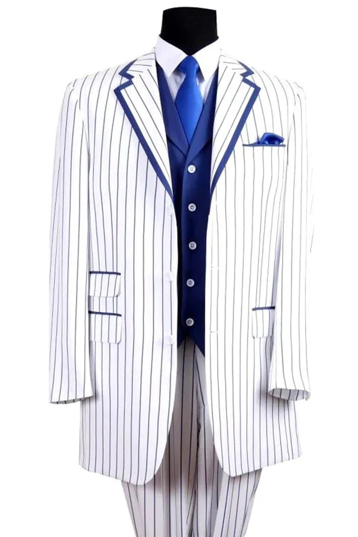 Zoot Suit - Mens 3 Button Vested Barbershop Quartet White with Royal Blue Pinstripes Suit