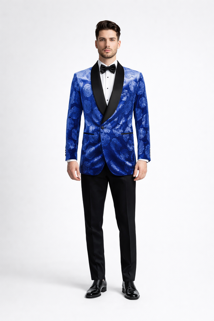 Mens Royal Blue Rose Tuxedo Jacket Slim Fit Shawl Lapel