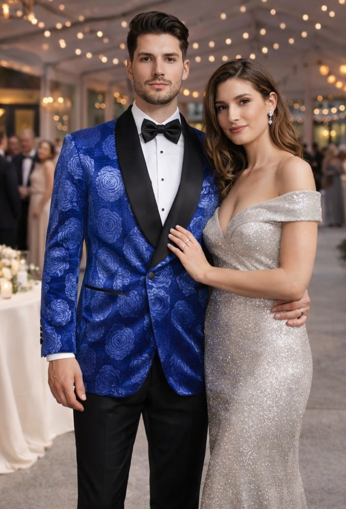 Mens Royal Blue Rose Tuxedo Jacket Slim Fit Shawl Lapel