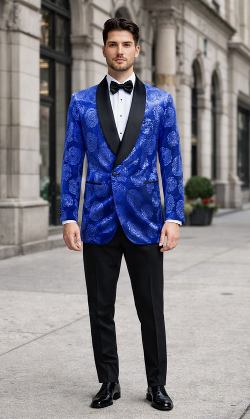 Mens Royal Blue Rose Tuxedo Jacket Slim Fit Shawl Lapel