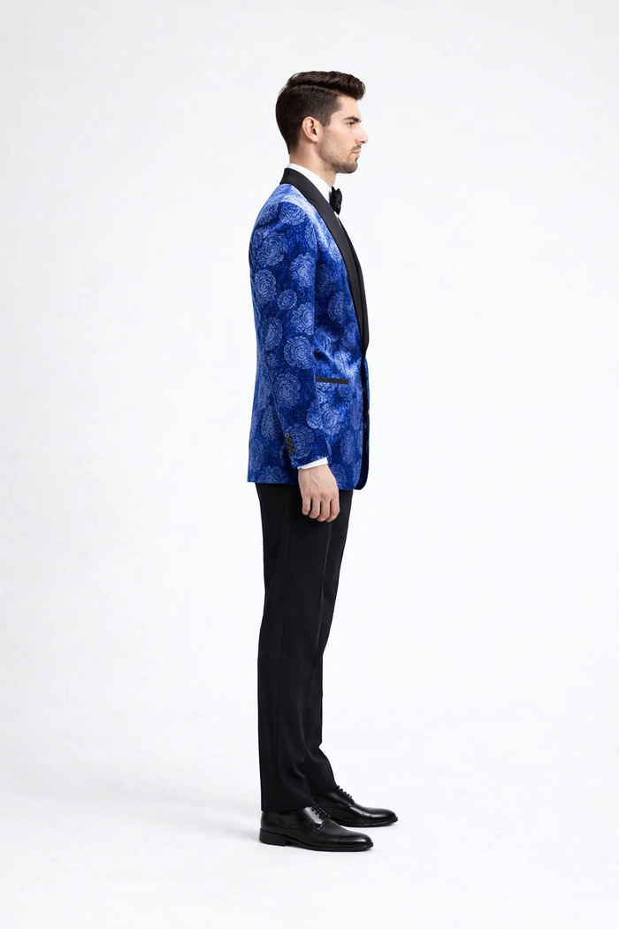 Mens Royal Blue Rose Tuxedo Jacket Slim Fit Shawl Lapel