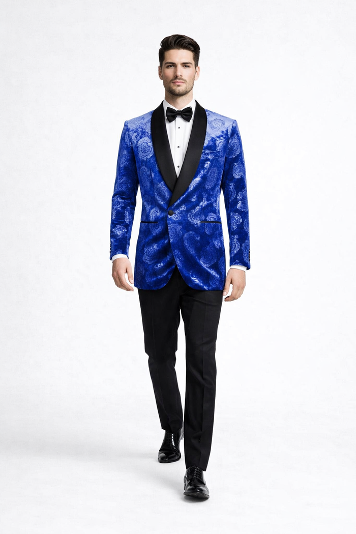 Mens Royal Blue Rose Tuxedo Jacket Slim Fit Shawl Lapel