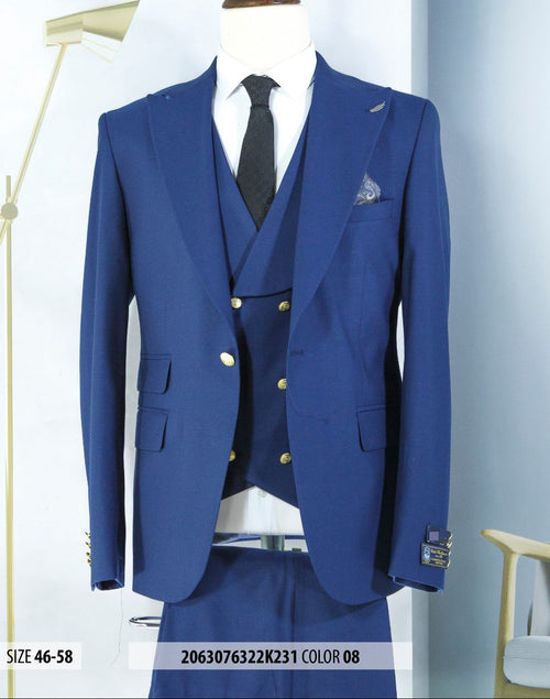 Mens Double breasted Suit - "Royal Blue" 1920s 1980s Style Peak Lapel Suits -Â  Back Side VentedÂ  Mens One Button Peak Lapel Vested Wool Suit with Gold buttons in Royal Blue white