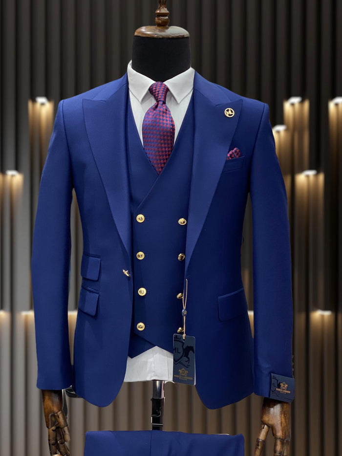 Mens Double breasted Suit - "Royal Blue" 1920s 1980s Style Peak Lapel Suits -Â  Back Side VentedÂ  Mens One Button Peak Lapel Vested Wool Suit with Gold buttons in Royal Blue white