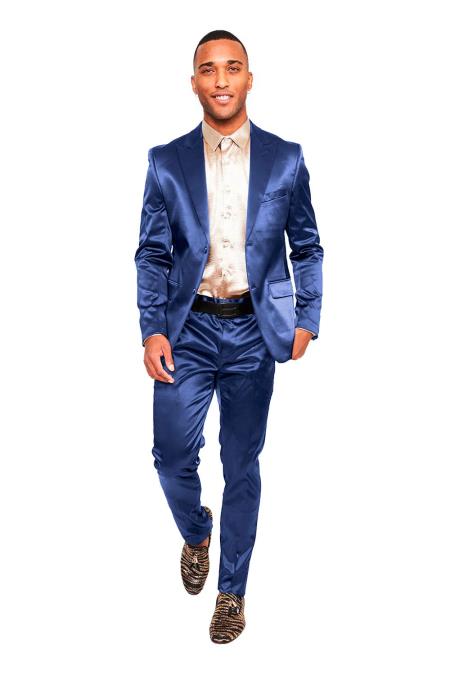 Mens Two Buttons Peak Lapel Suit Royal Blue