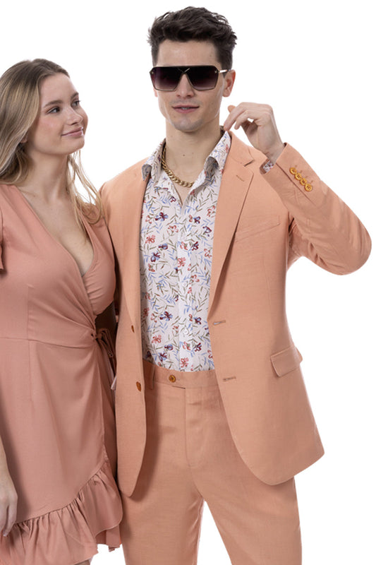 "Salmon Coral Orange Linen Suit - Men's Modern Fit Casual Summer" Coral Prom Suits