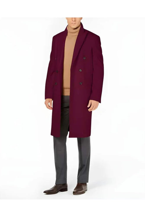 Men's Burgundy Double Breasted Overcoat - Maroon Peacoat - Three Quarter Wool And Cashmere Coat