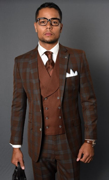 Brown Plaid Suit - Copper - Orange - Rust Color Windowpane Pattern Suit - Wool Suit - Notch Lapel Side Vented Modern Fit - Coat Size 38
