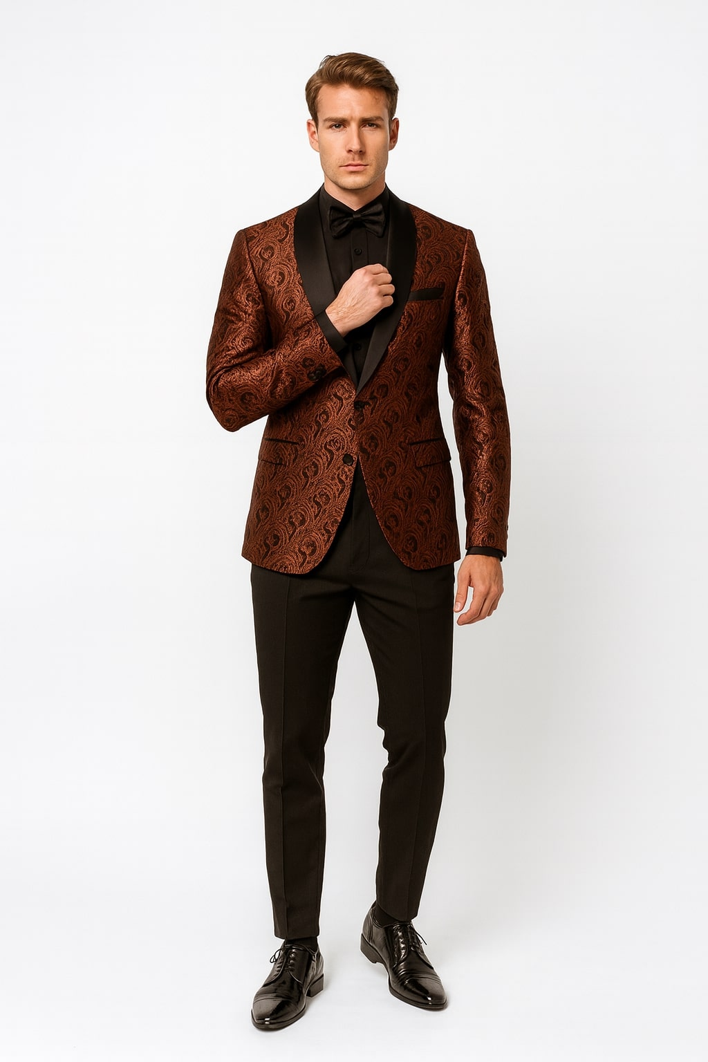 Mens Rust Copper Brick Color Paisley Tuxedo Jacket  Dinner and Wedding Blazer With Black Pants Matching Bowtie - 36 Short