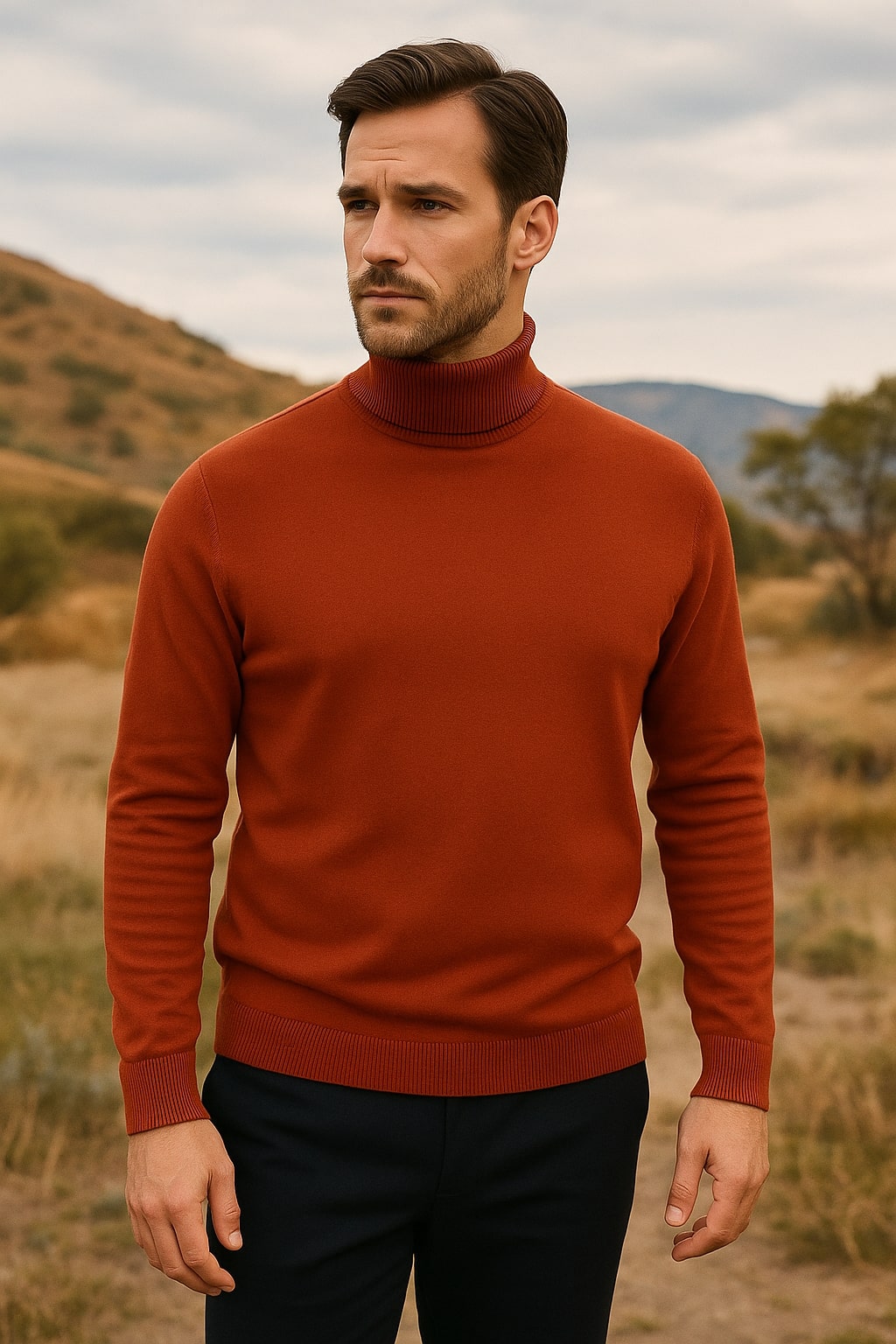 Mens Rust Red Turtleneck Sweater – Slim fit Lightweight Knit Pullover in Brick Color - S