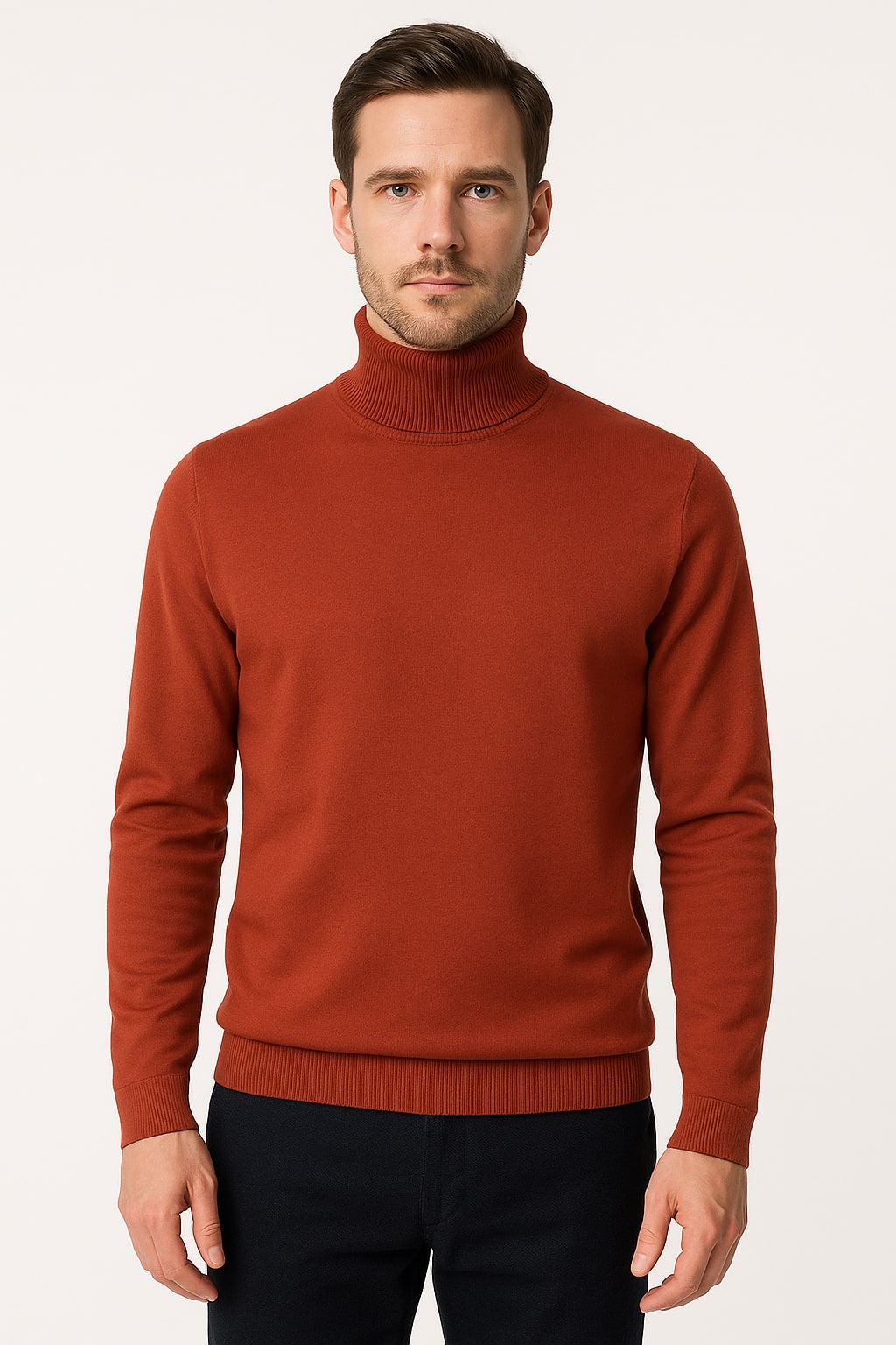 Mens Rust Red Turtleneck Sweater – Slim fit Lightweight Knit Pullover in Brick Color - S