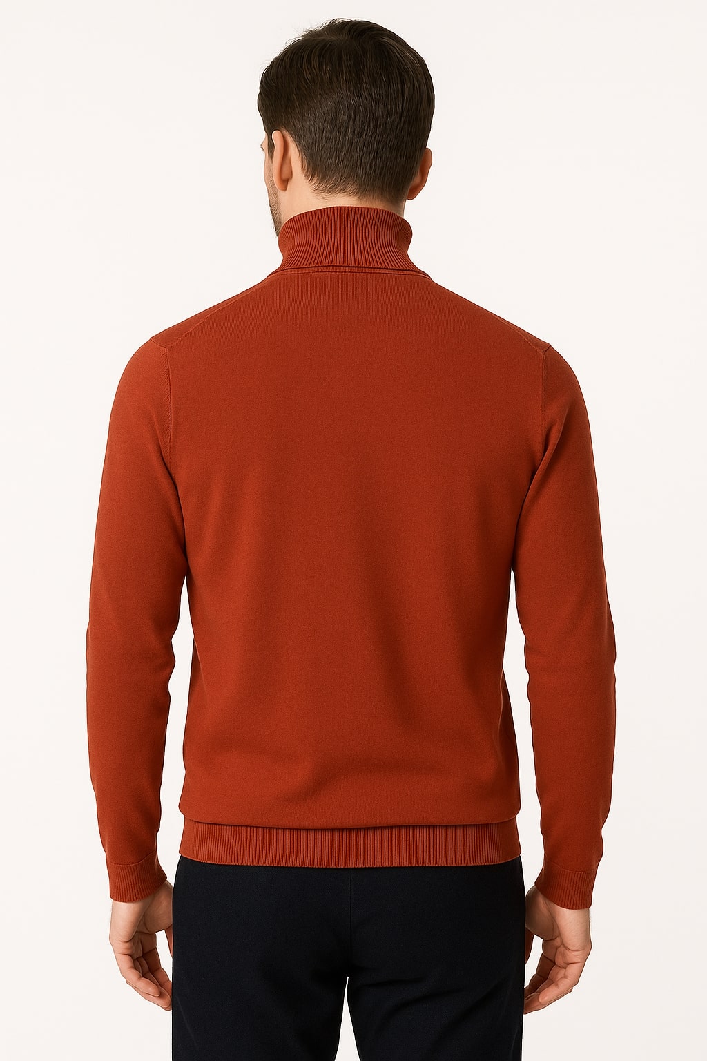 Mens Rust Red Turtleneck Sweater – Slim fit Lightweight Knit Pullover in Brick Color - S