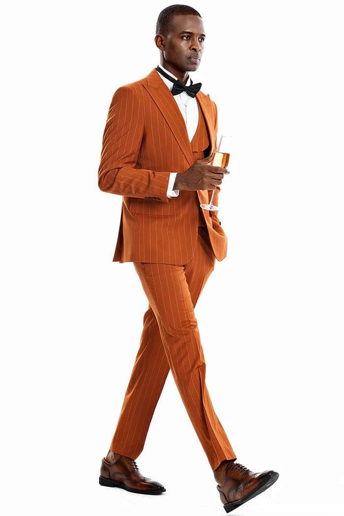 Cheap priced Suit - Men's One Button Vested Wide Peak Lapel Bold Gangster Pinstripe Rust Suit