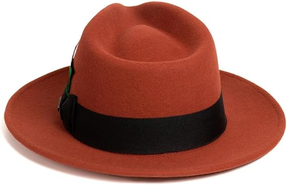 Gangster 100% Austrailian Wool Crushable Mens Fedora Hat - Removable Feather Gangster  Rust Mens Fedora Hat