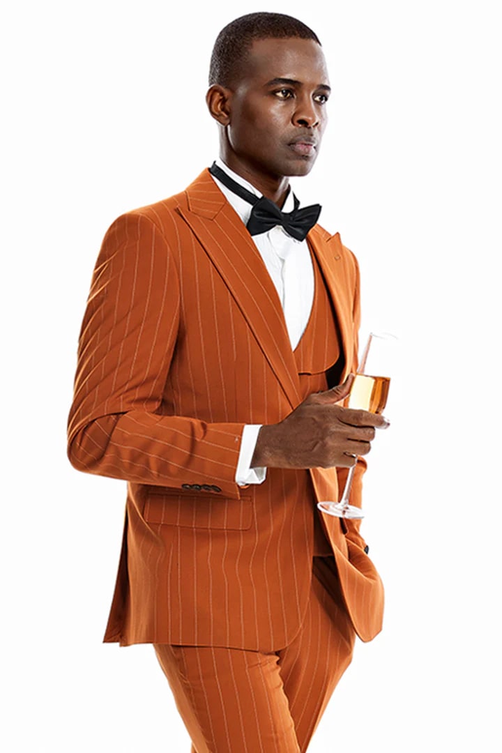 Cheap Suit - Men's One Button Vested Wide Peak Lapel Bold Gangster Pinstripe Rust Suit