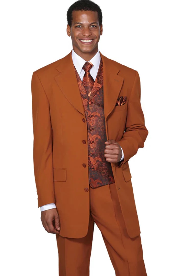 Cheap Suit - Mens 4 Button Long Vested Fashion Suit In Rust With Paisley Vest