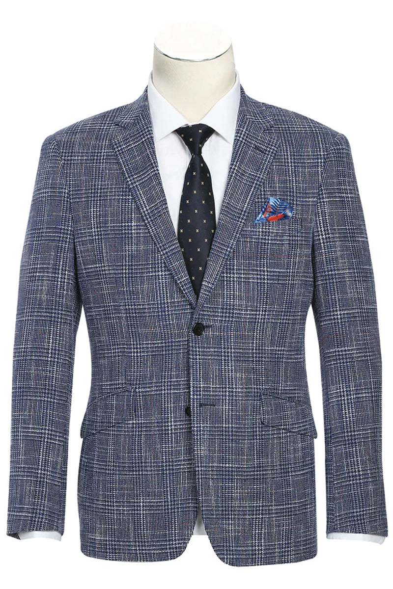 "Blue Windowpane Plaid Men's Slim Fit Wool & Linen Sport Coat Blazer" - 36 Short